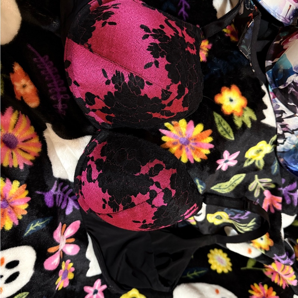 Torrid Pink and Black Floral Lace Bra
